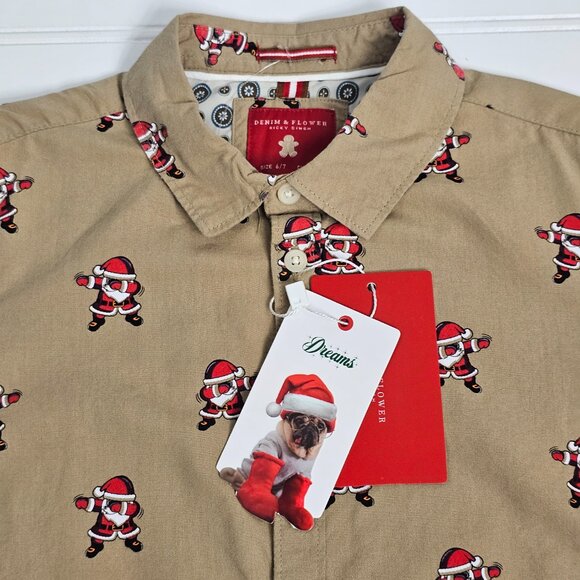 Denim & Flower Santa Dabbing Brown Short Sleeve Button Down Boys Size 6/7 NWT - Picture 2 of 10